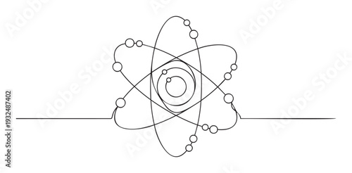 Continuous line drawing of an atomic structure with orbiting electrons representing scientific principles and quantum physics concepts, perfect for educational materials or modern