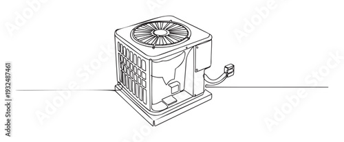 Outdoor air conditioning unit line drawing depicting a residential HVAC condenser for home climate control diagrams, service manuals, and maintenance guides
