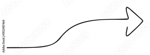 Simple hand drawn black arrow with a gentle curve pointing to the right, perfect for indicating direction or flow in presentations, diagrams, and user interfaces