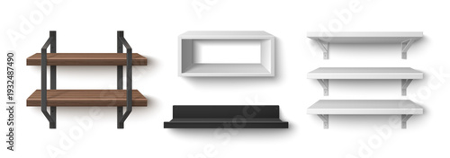 3D wooden bookshelf realistic vector isolated on white background. Empty timber rack for home library display with natural wood texture and modern loft frame design.