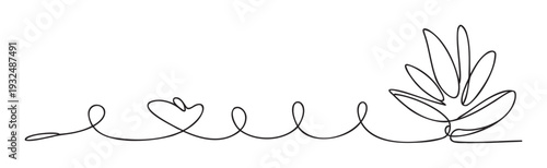 Minimalist continuous line drawing depicting a symbolic heart connected to a natural organic plant leaf shape with graceful flowing curves, ideal for conveying love, growth, and organic