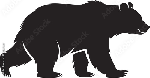 Grizzly bear silhouette walking side view, wild forest animal isolated on white background, black wildlife vector illustration for hunting design