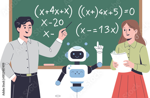 Artificial Intelligence Robot Solving Complex Math Equations on , Concept of AI in Education and Future Learning, Teacher and Student Watching Smart Assistant, and Innovative Classroom Technology 