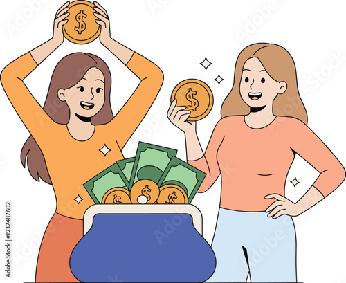 Cheerful Young Women Holding Large Gold Coins Near Full Purse, Concept of Financial Success and Wealth Management, Profitable Investment Achievement Modern Banking Prosperity Vector Illustration