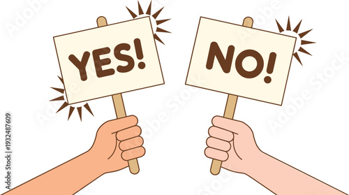 Hands Holding Yes and No Placards, Concept of Decision Making and Social Survey, Polling Options and Choice Selection, Public Opinion Voting, and Collective Democratic Expression Vector Illustration