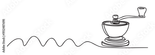 Continuous line drawing depicting a vintage coffee grinder with a flowing wavy line, perfect for cafe branding, beverage packaging, or kitchen decor projects.