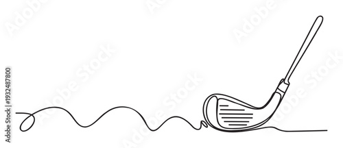 Minimalist continuous line drawing of a golf club driver with a wavy trail representing a swing or ball flight ideal for sports marketing and golfrelated promotions