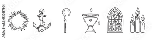 Vector line drawings of Christian religious symbols representing faith and spirituality, including crown of thorns, anchor, shepherds crook, baptismal font, gothic window, and candles,