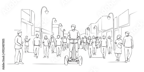 Monochrome sketch of a vibrant downtown street scene with a commuter on a personal transporter surrounded by a diverse crowd, perfect for illustrating urban mobility and social interactions.