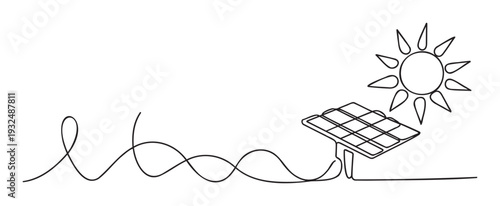 Continuous line drawing depicting a solar panel harnessing energy from the sun, symbolizing renewable power and sustainable solutions, ideal for environmental and green technology