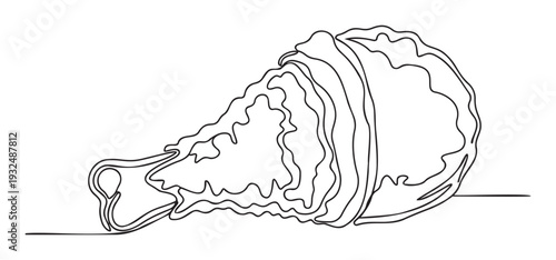 A continuous line drawing of a crispy fried chicken drumstick perfect for restaurant menus food packaging culinary blogs or fast food advertising campaigns seeking a minimalist aesthetic.