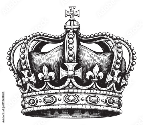 Majestic ceremonial crown featuring intricate details, elegant fleurdelis motifs, and a symbolic cross, ideal for historical projects, heraldry, or royalthemed branding