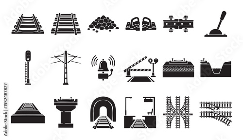 Comprehensive collection of railway infrastructure components and train track symbols, perfect for transportation system graphics and engineering project diagrams.