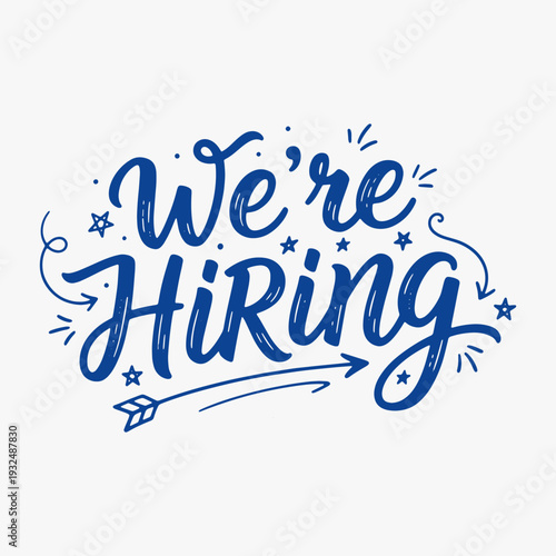 Vibrant hand-drawn We're Hiring lettering with decorative elements.