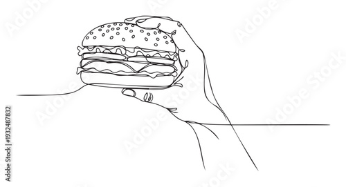 A dynamic continuous line drawing of a persons hand grasping a juicy layered hamburger, perfect for food industry promotions, fast food restaurant menus, or healthy eating campaign