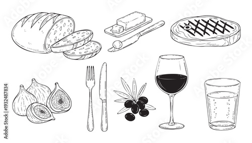 Hand drawn outline collection of dining elements featuring bread butter steak wine figs olives and cutlery perfect for food industry menus recipe books or restaurant branding