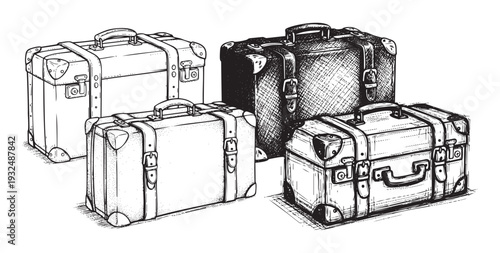 Classic hand drawn travel luggage set featuring vintage suitcases perfect for illustrating vacation journeys or old world adventures