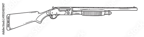 Black outline drawing of a classic pump action shotgun for hunting and sport shooting applications, ideal for themes of weaponry and outdoor activities.