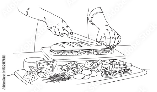 Professional chef hands prepare a delicious long sandwich with various fresh ingredients on a wooden cutting board, ideal for culinary blogs, restaurant menus, or food preparation