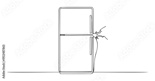 Abstract single line drawing depicting a contemporary fridge with a broken or shattered side, ideal for projects exploring repair, damage, or sudden malfunction in household devices.