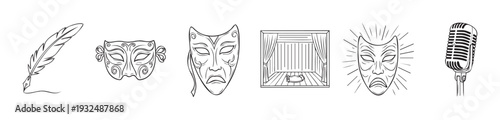 A cohesive collection of creative storytelling and performance symbols featuring a classic quill pen, dramatic theatrical masks, a miniature stage, and an antique microphone, perfect for
