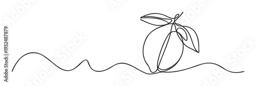 Continuous line drawing of a fresh lemon fruit with leaves, perfect for health, food, cooking, and natural product branding or minimalist decorative graphics.