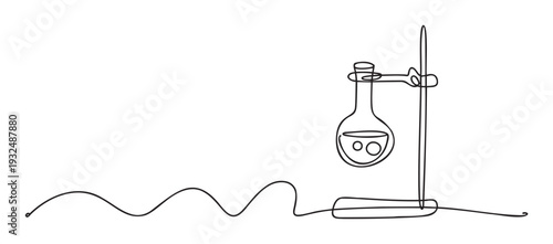 Single line drawing depicting a chemistry flask held by a laboratory stand, perfect for educational materials, scientific publications, and modern minimalist decor.