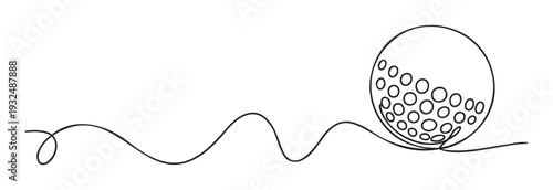 Dynamic single line drawing of a golf ball with dimples resting on a wavy path, perfect for sports event promotions, club logos, or golf enthusiast merchandise