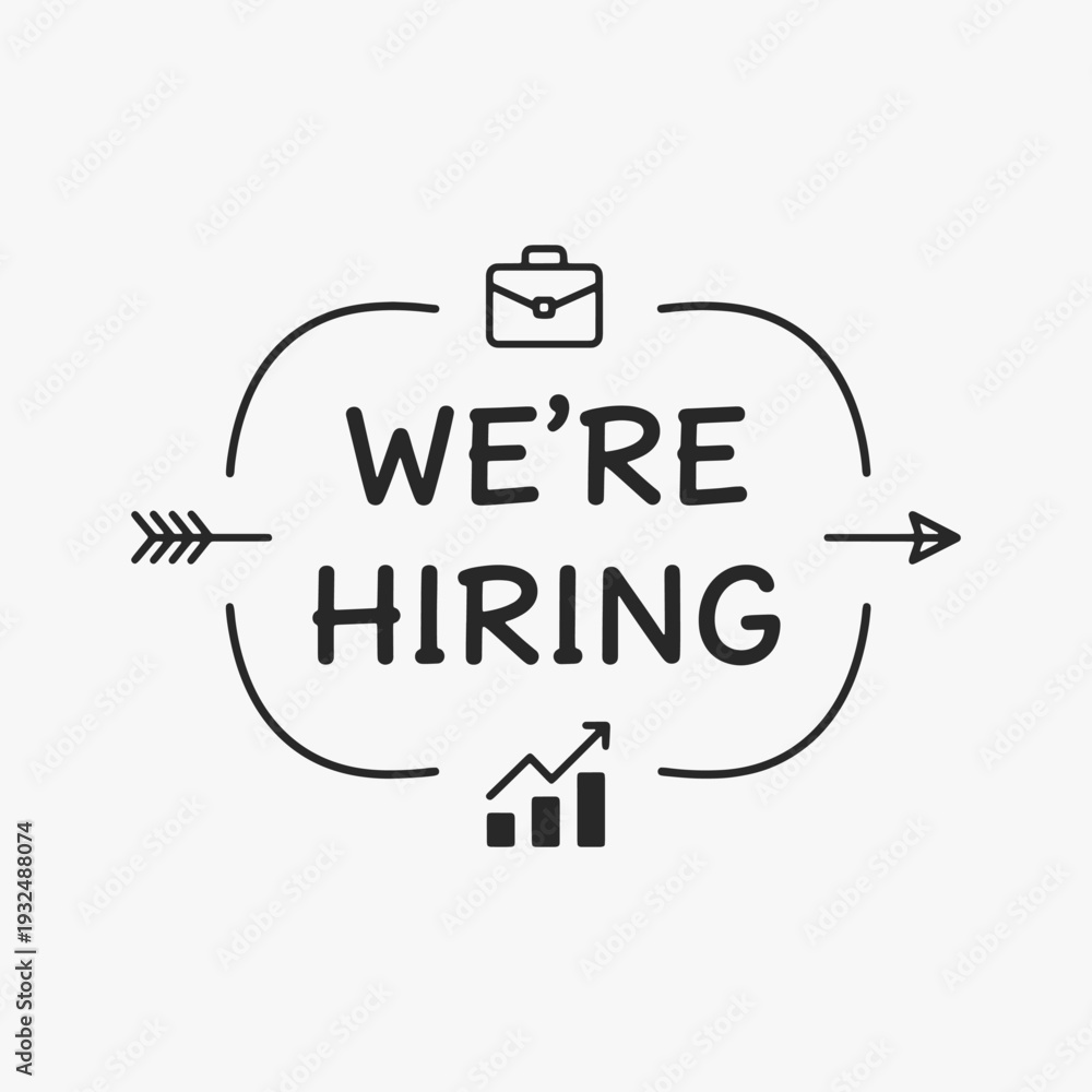 Fototapeta premium Vibrant hand-drawn We're Hiring lettering with decorative elements