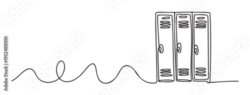 Continuous line drawing of three school lockers with a playful looping path representing connection, ideal for educational or storagerelated presentations and projects.