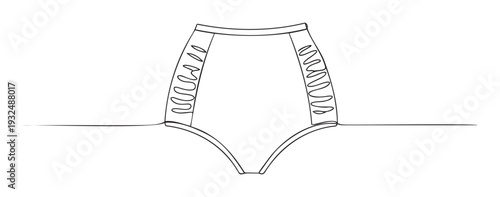 Minimalist line drawing of a highrise swimwear bottom featuring stylish wavy accents on the sides, ideal for clothing sketches, design portfolios, or beachwear advertisements.