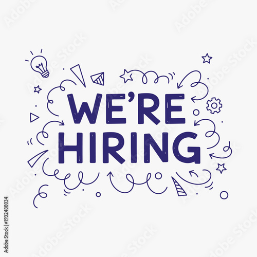 Vibrant hand-drawn We're Hiring lettering with decorative elements.