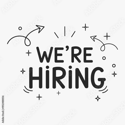 Vibrant hand-drawn We're Hiring lettering with decorative elements