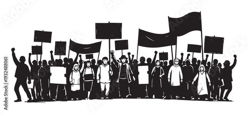 A determined crowd of activists raises their fists and holds blank protest signs and flags during a march or demonstration for social justice