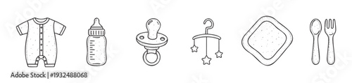 Hand drawn baby accessories and essential items like a romper, feeding bottle, pacifier, mobile, bib, and cutlery perfect for charming nursery themed graphics and infant product designs