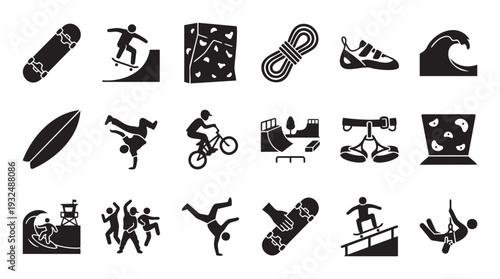 Dynamic collection of extreme and action sports glyphs including skateboarding, surfing, climbing, BMX biking, and breakdancing for various active lifestyle designs and media projects