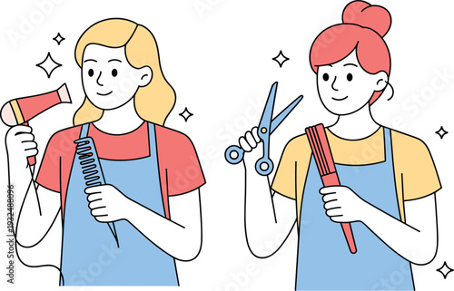 Professional Female Hairdressers with Tools, Concept of Beauty and Hairstyling Excellence, Skilled Barbers with Hairdryer and Scissors, and Modern Hair Care Industry Professionals Vector Illustration