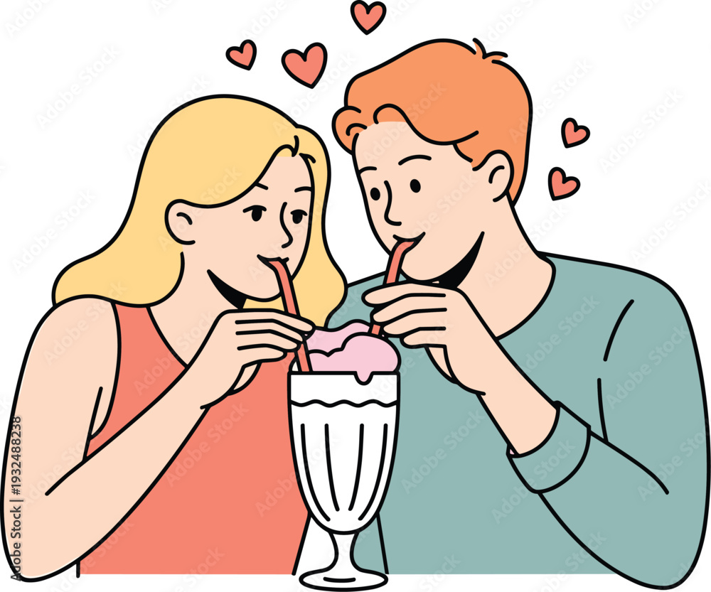 Fototapeta premium Romantic Young Couple Sharing a Milkshake with Two Straws, Concept of Sweet Relationship Date and Love, Joyful Couple Enjoying Dessert Together, and Heartfelt Connection Vector Illustration