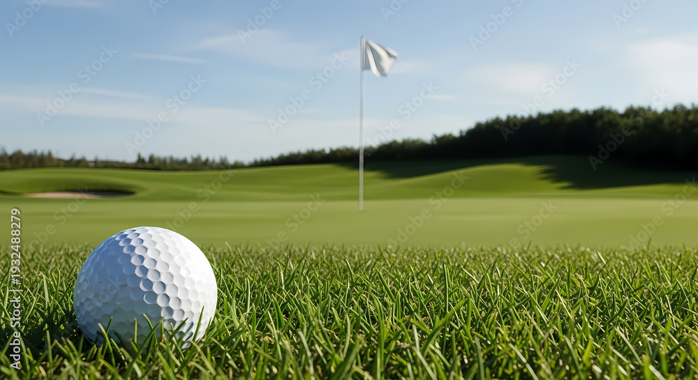 Obraz premium Golf ball on green grass near the hole, golf course landscape, sunny day