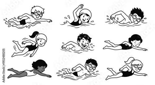 Cartoon illustration of children swimming freestyle in a pool