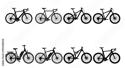 Collection of stylized bicycle silhouettes in a row black and white