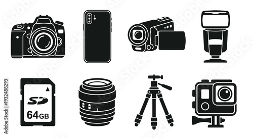 Black silhouette icons depicting various photography equipment and accessories