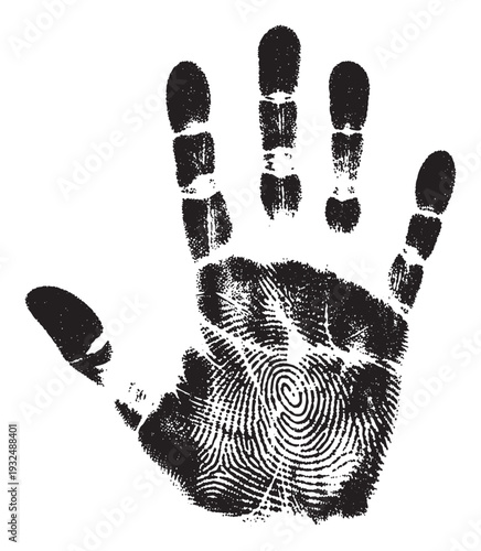 Authentic human handprint with detailed fingerprint ridges for forensic science, biometric security applications, personal identity verification, and criminal investigation studies
