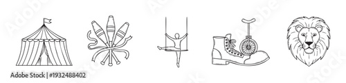 Handdrawn circus elements set featuring a big top tent, juggling clubs, trapeze artist, unicycle shoe, and majestic lion head, suitable for playful event invitations, graphic designs, or