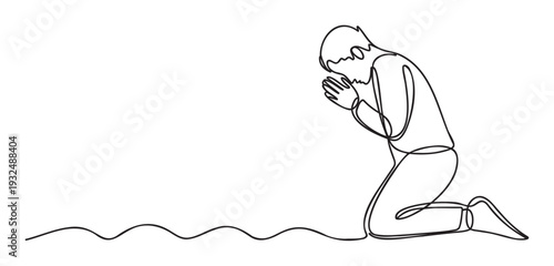 Minimalist one line drawing of a man kneeling in deep prayer or contemplation with bowed head and clasped hands for spiritual concepts and religious projects