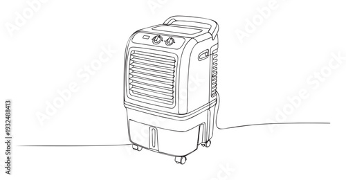 Continuous line drawing of a portable evaporative air cooler for home cooling and humidification during hot summer days, perfect for appliance retailers and climate control promotions.