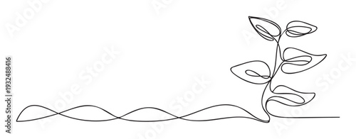 Minimalist continuous line drawing of a growing plant with leaves, symbolizing nature, growth, and sustainability, perfect for environmental themes or clean branding materials