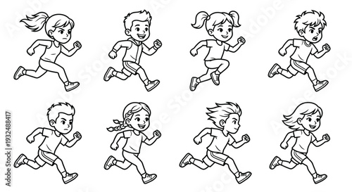 Line art illustration of eight children in various running poses
