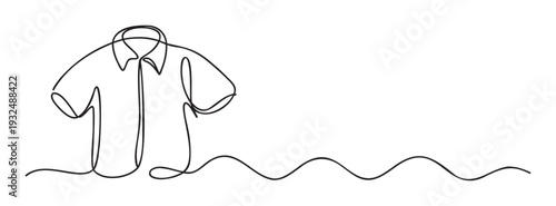 A continuous one line drawing depicting a simple short sleeve collared shirt, ideal for use in commercial promotions, textile industry visuals, or modern graphic resource applications.