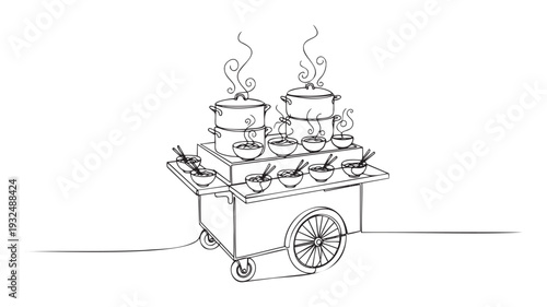 Mobile noodle soup cart with steaming pots and readytoeat bowls, perfect for conveying a sense of fresh street food and traditional cooking in culinary publications